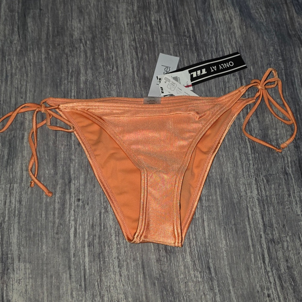Damsel Womens Orange Shimmer Tie Side Super Cheeky Bikini‎ Swim Bottom L NEW